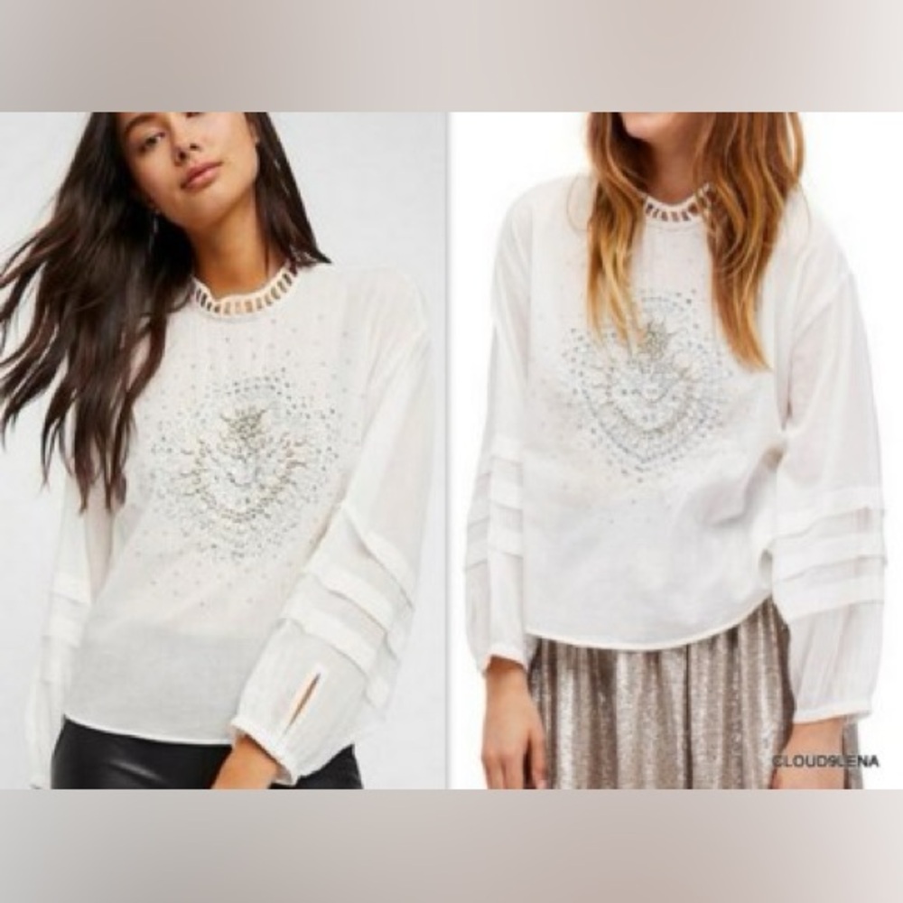 FREE PEOPLE Heart of Gold Blouse White Embellished Cutout-Neck Blouse size large - Picture 4 of 14